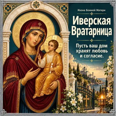 Открытка «Иверская икона Божией Матери, Вратарница белые лилии и монастырь у моря» — Праздник Иверской иконы Божией Матери