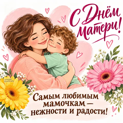 Открытка «С Днём матери, мама обнимает сына»