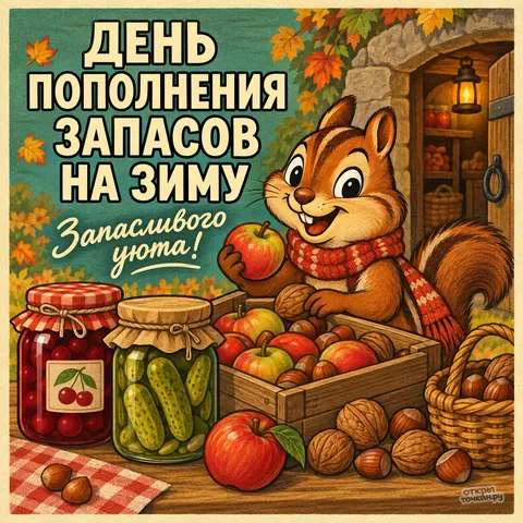 Открытка «День пополнения запасов на зиму, бурундук с яблоками и банками заготовок»