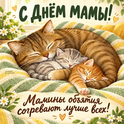 Открытка «С Днём мамы, кошка с котятами на уютном пледе» — День матери