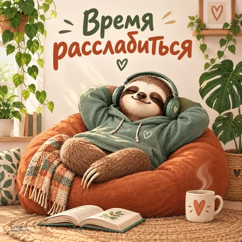 Открытка «Международный день ленивца, ленивец в наушниках отдыхает в мягком кресле мешке с чаем»