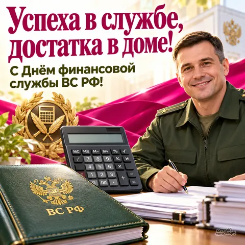 Открытка «День финслужбы ВС РФ, офицер подписывает документы, калькулятор, папка ВС РФ и эмблема» — День финансово-экономической службы ВС РФ