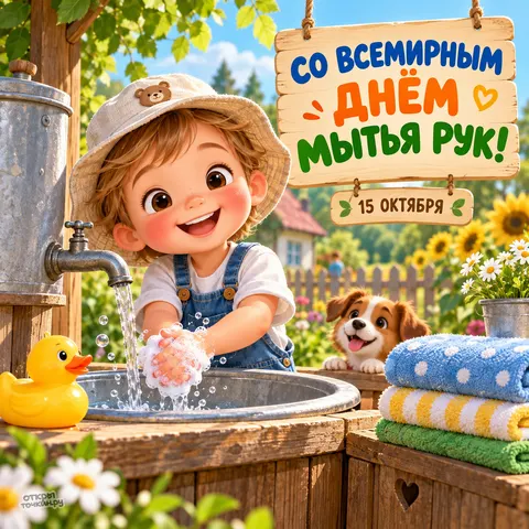 Открытка «Всемирный день мытья рук, мальчик моет руки в саду, уточка и щенок»