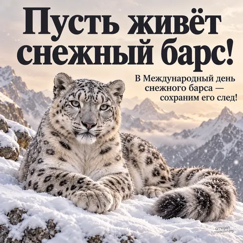 Открытка «День снежного барса, ирбис лежит в снегу, туманные горные вершины на рассвете»
