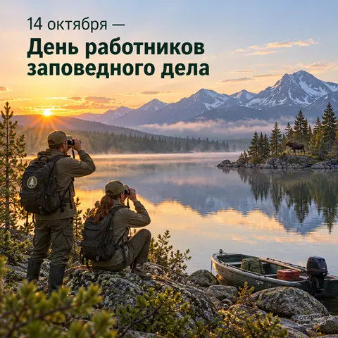 Открытка «День заповедного дела, инспекторы с биноклями у горного озера с лодкой и лосём» — День работников заповедного дела