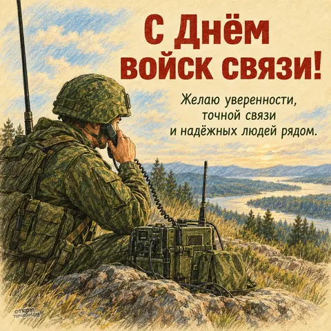 Открытка «День войск связи, связист с рацией над рекой» — День военного связиста