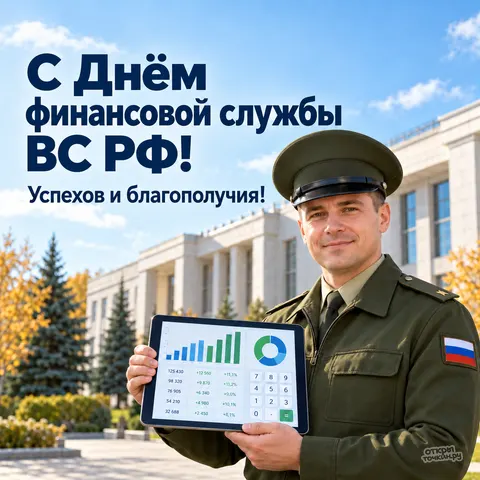 Открытка «День финслужбы ВС РФ, офицер с планшетом у здания, диаграммы на экране и осенние деревья» — День финансово-экономической службы ВС РФ