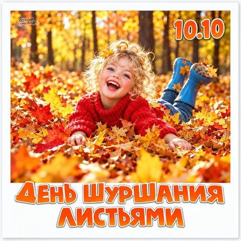 Открытка «День шуршания листьями, девочка в красном свитере»