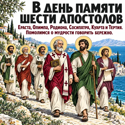 Открытка «Апостолы Ераст Олимп Родион Сосипатр Куарт и Тертий, путь апостолов вдоль морского берега» — День памяти апостолов от 70-ти Ераста, Олимпа, Родиона и прочих