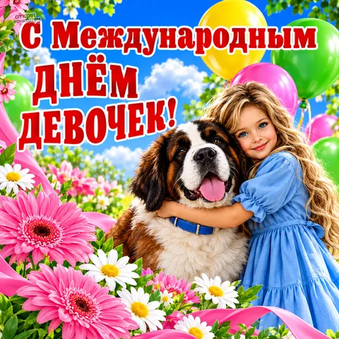 Открытка «С Международным днём девочек, девочка и сенбернар» — девочка в голубом платье обнимает большого пса среди цветов и шаров