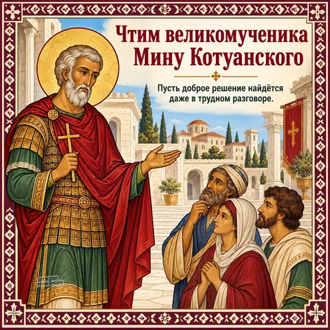 Открытка «День памяти великомученика Мины Котуанского, великомученик Мина у арки беседует с людьми»