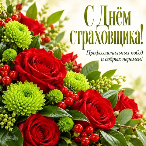 Открытка «С Днём страховщика, красные розы и зелёные хризантемы» — День российского страховщика