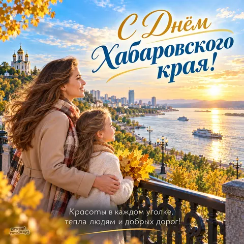 Открытка «День Хабаровского края, мама и дочка с букетом листьев на закате над Амуром»
