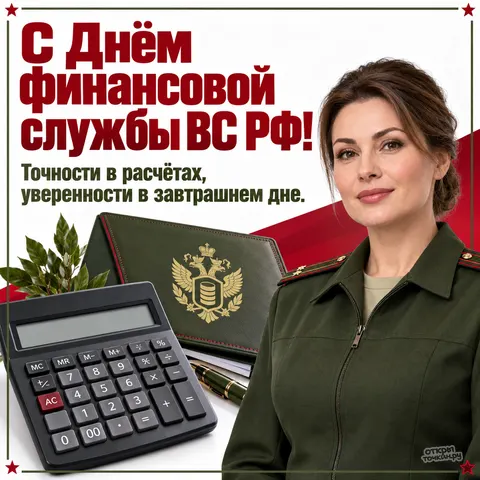 Открытка «День финслужбы ВС РФ, женщина в форме, калькулятор, папка с эмблемой и лавровые ветви» — День финансово-экономической службы ВС РФ