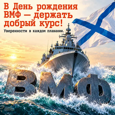 Открытка «День рождения ВМФ, буквы ВМФ в волнах, корабль и Андреевский флаг на закате» — День моряка-надводника