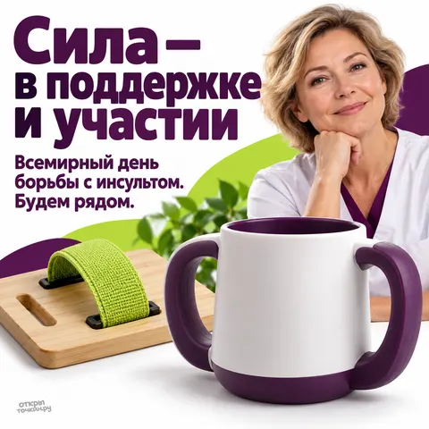 Открытка «Всемирный день борьбы с инсультом, врач адаптивная кружка и доска с ремнём»
