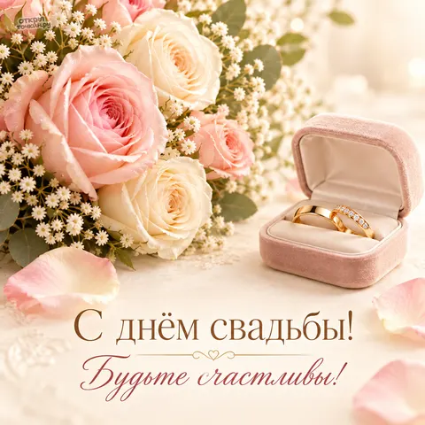 Открытка «С днём свадьбы, нежные розы и кольца в розовой шкатулке»