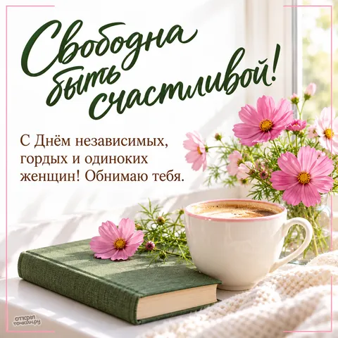 Открытка «День независимых гордых и одиноких женщин, Кофе и книга на солнечном подоконнике»