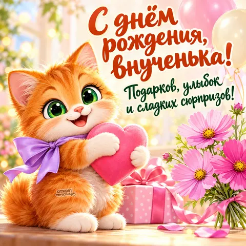 Открытка «День рождения» — Котёнок с сердечком поздравляет внученьку