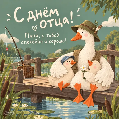 Открытка «С днём отца, гусь с гусятами на деревянном мостике»