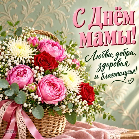 Открытка «С Днём мамы, корзина роз и белых хризантем» — День матери