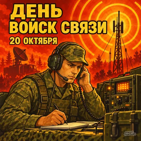 Открытка «День войск связи, связист за радиостанцией на закате» — День военного связиста