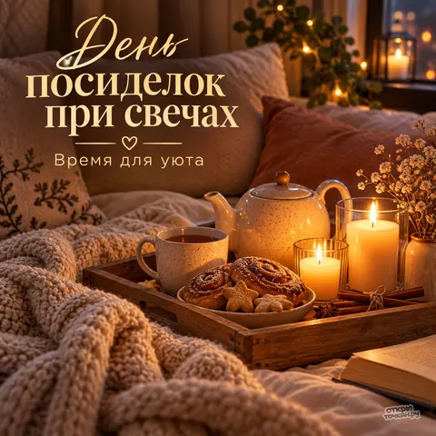 Открытка «День посиделок при свечах, время для уюта, поднос с чаем и выпечкой на кровати»