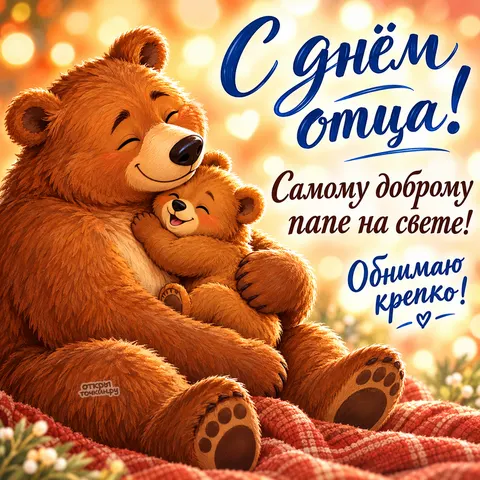 Открытка «С днём отца, медведь нежно обнимает медвежонка»