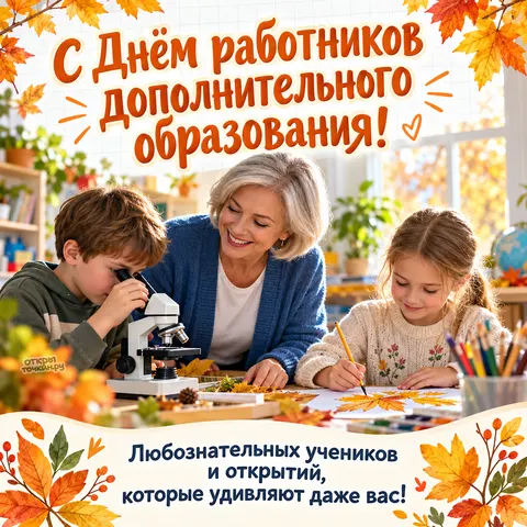 Открытка «С Днём работников дополнительного образования, занятия рисованием и исследованием»