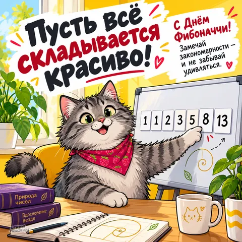Открытка «День Фибоначчи, кот у доски с последовательностью фибоначчи»