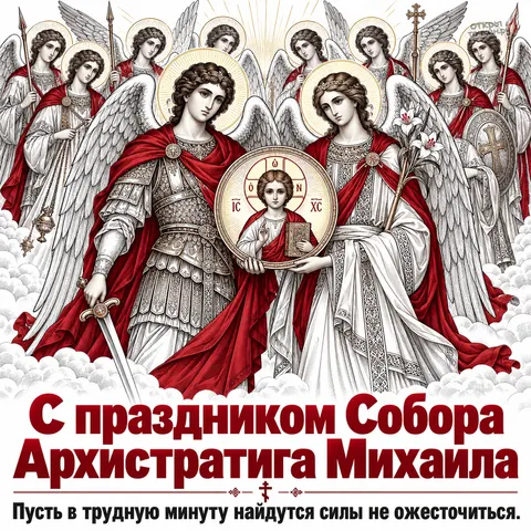 Открытка «Собор Архистратига Михаила, архангел в доспехах и ангел с лилиями у медальона» — Собор Архистратига Михаила и прочих Небесных Сил бесплотных