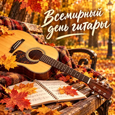 Открытка «Всемирный день гитары, акустическая гитара в осеннем парке»