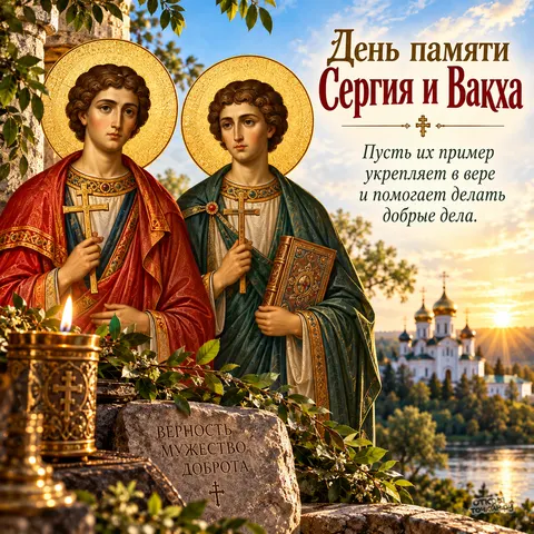 Открытка «День памяти Сергия и Вакха, камень с надписью верность мужество доброта» — День памяти святых мучеников Сергия и Вакха