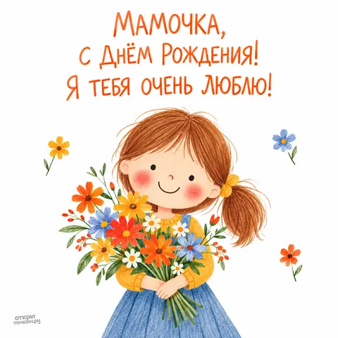 Открытка «Мамочка, с днём рождения, девочка с цветами»
