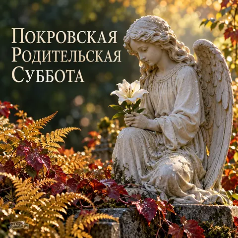 Открытка «Покровская родительская суббота, каменный ангел в осеннем саду памяти»