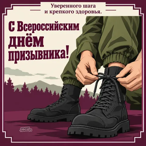 Открытка «Всероссийский день призывника, призывник завязывает шнурки на берцах»