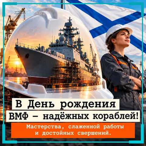 Открытка «День рождения ВМФ, корабль в каске на верфи, строительница и Андреевский флаг» — День моряка-надводника