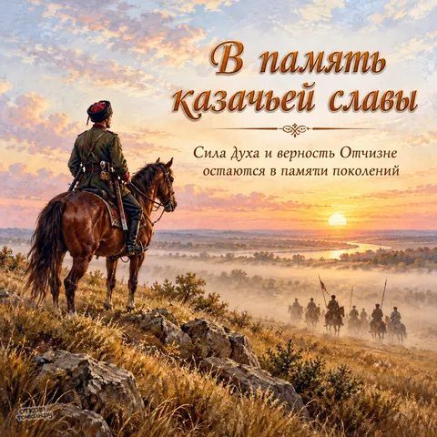 Открытка «День памяти войсковой казачьей славы, в память казачьей славы, казак на холме у реки на закате»