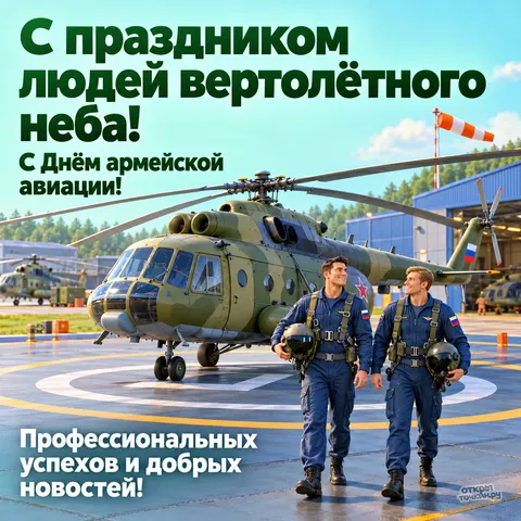 Открытка «День армейской авиации, два улыбающихся пилота с шлемами, зелёный вертолёт на площадке» — День армейской авиации России