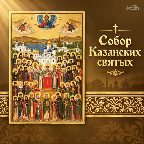 Открытка «Собор Казанских святых, икона Собора на золотой полосе»