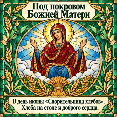 Открытка «Икона Спорительница хлебов, витраж, Богородица на облаках и сноп, под покровом Божией Матери, хлеб на столе и доброе сердце» — Праздник иконы Божией Матери «Спорительница хлебов»