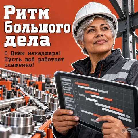Открытка «День менеджера, женщина в каске планшет с графиком конвейер ритм большого дела» — День менеджера в России