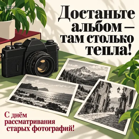 Открытка «День рассматривания старых фотографий, камера и чёрно белые снимки путешествий»
