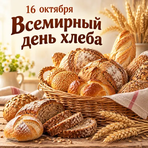 Открытка «Всемирный день хлеба, корзина с домашней выпечкой, ромашки и колосья»