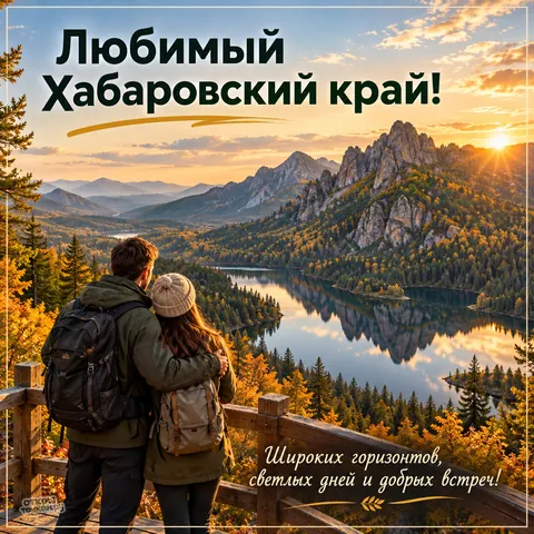 Открытка «День Хабаровского края, пара туристов на деревянной смотровой площадке в осенних горах»