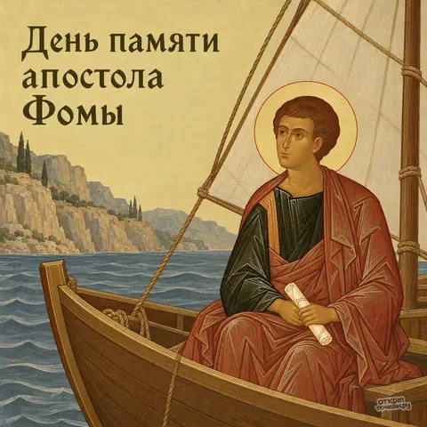 Открытка «День памяти апостола Фомы, апостол Фома в лодке со свитком» — День памяти святого апостола Фомы