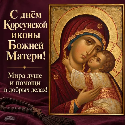 Открытка «Корсунская икона Божией Матери, с днём корсунской иконы божией матери, мира душе и помощи в добрых делах, бордовый бархат чётки и деревянный крест» — Праздник Корсунской иконы Божией Матери