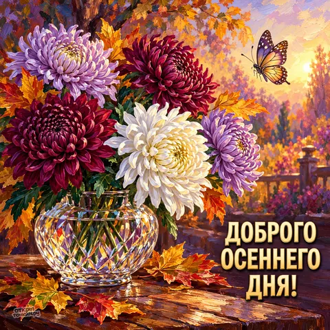 Открытка «Доброго осеннего дня с цветами и бабочкой» — Хорошего дня