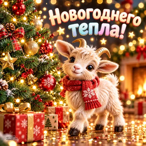Открытка «С Новым годом, козлик в красном шарфе у камина и елки»