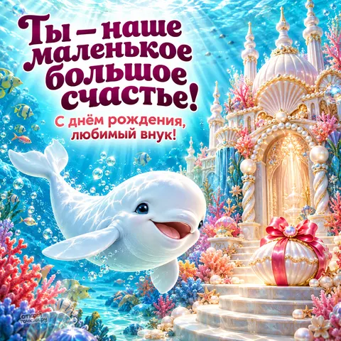 Открытка «С днём рождения, внуку, добрый кит и подводный сказочный дворец»